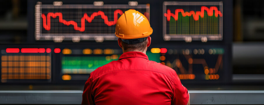 A worker in a hard hat monitors fluctuating data charts on multiple screens in a control room, ensuring operational safety and efficiency.