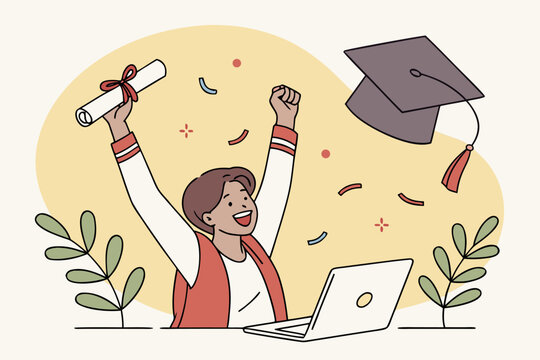 Radość po ukończeniu studi&oacute;w &ndash; absolwentka z dyplomem przy laptopie, świętowanie sukcesu i zakończenie nauki, ilustracja.