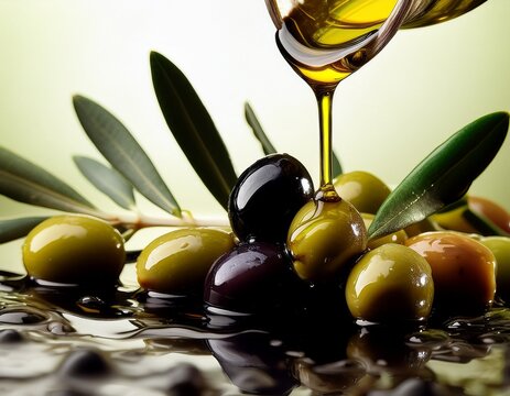 rich olive oil pouring onto fresh green and black olives with vibrant leaves