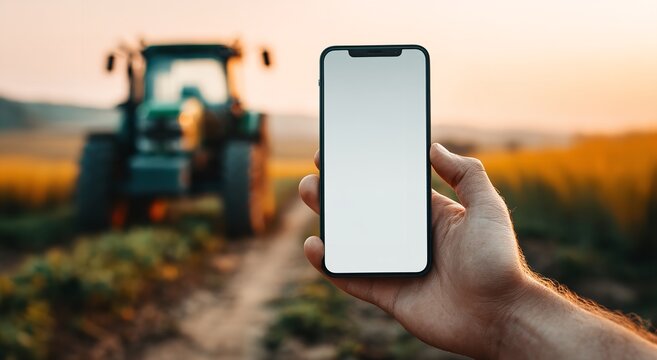 A person holds a smartphone with a blank white screen in focus with a blurred green tractor working in a sunny field