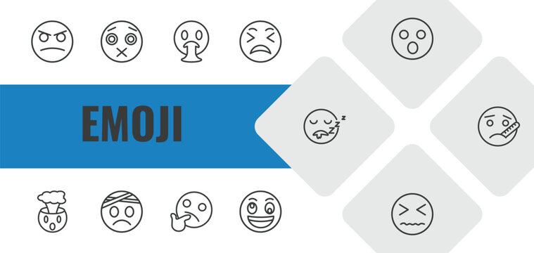 emoji outline icon set. linear vector for ui, web and mobile. thin line angry emoji, silent emoji, vomit icons.
