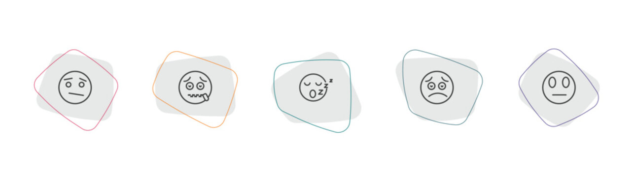 emoji outline icon set. linear vector for ui, web and mobile. thin line confused emoji, -mouth emoji, sleep icons.
