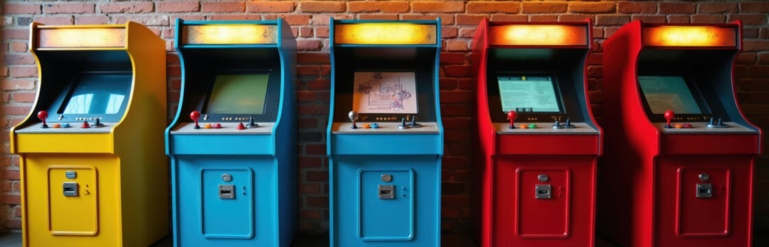 Row of colorful vintage arcade machines lined up against brick wall. Classic gaming units with joysticks and buttons ready for play. Nostalgic entertainment setup for fun.