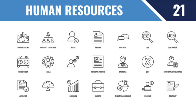 human resources outline icon set. linear vector for ui, web and mobile. thin line company structure, job search, employee icons.