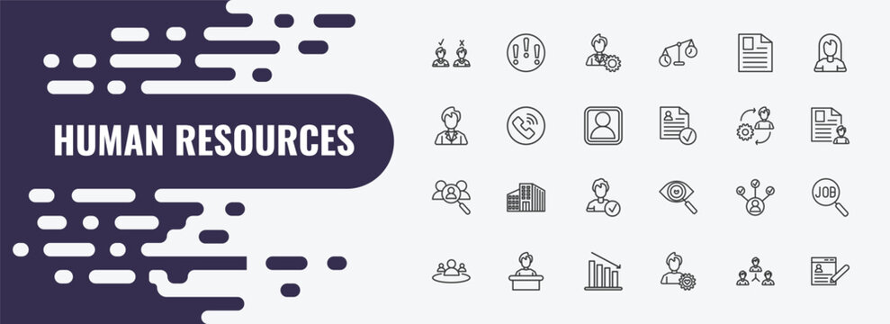 human resources outline icon set. linear vector for ui, web and mobile. thin line problems, administrator, application icons.
