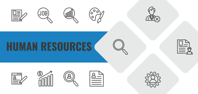 human resources outline icon set. linear vector for ui, web and mobile. thin line contract, job search, analysis icons.