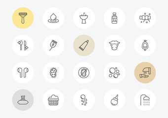Fototapeta premium hygiene outline icon set. linear vector for ui, web and mobile. thin line shaving razor, food hygiene, ear buds icons.