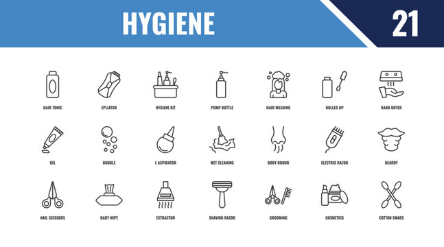 hygiene outline icon set. linear vector for ui, web and mobile. thin line epliator, hand dryer, body odour icons.