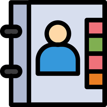 Flat colored icon of an address book with a person profile and colored tabs symbolizing contacts, directory and organizer.