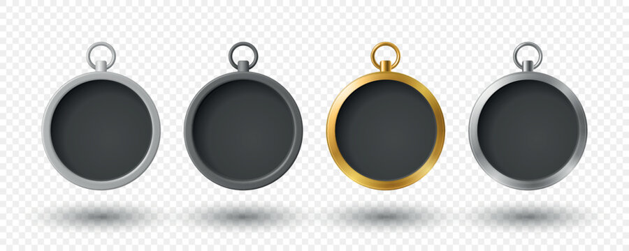 Vector 3d Blank Compass Set Isolated. Round Navigation Instruments with Empty Black Dial Face. Silver and Gold Compass Frames for Travel Branding. Map UI, Logo Badge