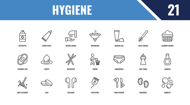 hygiene outline icon set. linear vector for ui, web and mobile. thin line tooth paste, laundry basket, underwear icons.
