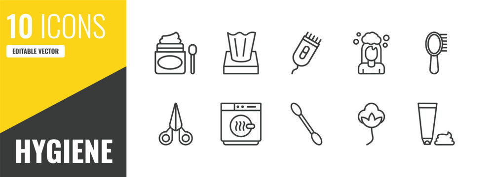 hygiene outline icon set. 10 linear vector for ui, web and mobile. thin line scrub up, tissues, electric razor icons.