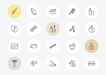 Fototapeta premium beauty outline icon set. linear vector for ui, web and mobile. thin line curlers, eye patch, folded towel icons.