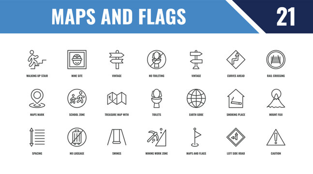 maps and flags outline icon set. linear vector for ui, web and mobile. thin line mine site, rail crossing, earth gobe icons.