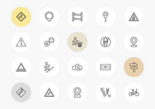 maps and flags outline icon set. linear vector for ui, web and mobile. thin line left side road, road joining, speed breaker icons.