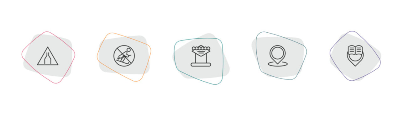 maps and flags outline icon set. linear vector for ui, web and mobile. thin line narrow two lanes, no skiing, las vegas icons.