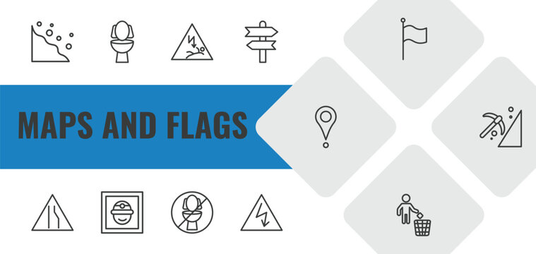 maps and flags outline icon set. linear vector for ui, web and mobile. thin line rock landslide safety, toilets, electrocution risk icons.