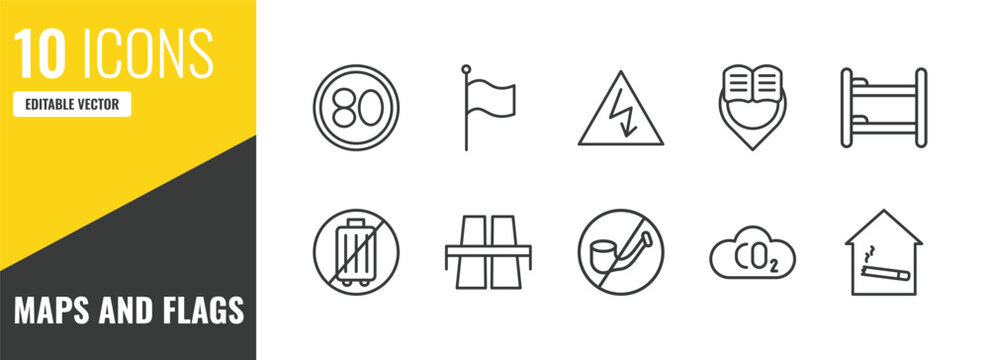 maps and flags outline icon set. 10 linear vector for ui, web and mobile. thin line 80 speed limit, plain flag, electrocutation danger icons.