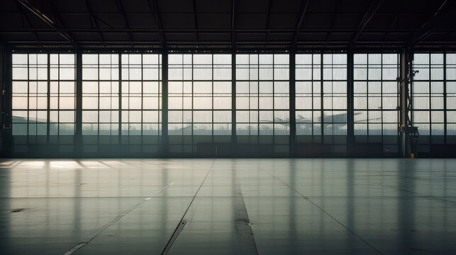 Empty aircraft hangar interior featuring a vast concrete floor and an expansive window wall showcasing a blurry airplane outline at a distant airport during sunset