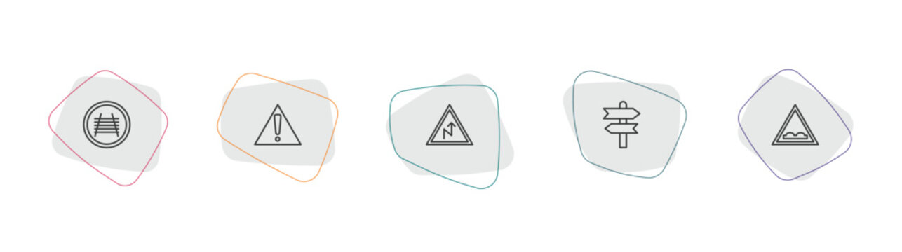 maps and flags outline icon set. linear vector for ui, web and mobile. thin line rail crossing, caution, right reverse curve icons.