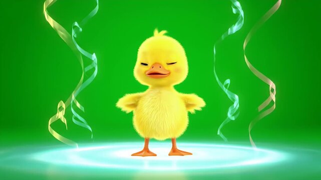 Adorable Yellow Duckling Character Standing Center Stage with Falling Confetti and Streamers Against a Vibrant Green Screen