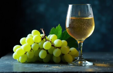 Naklejka premium Glass of white wine sits beside ripe green grapes on a dark surface. A still life composition featuring fruit and beverage with subtle lighting and shadows.