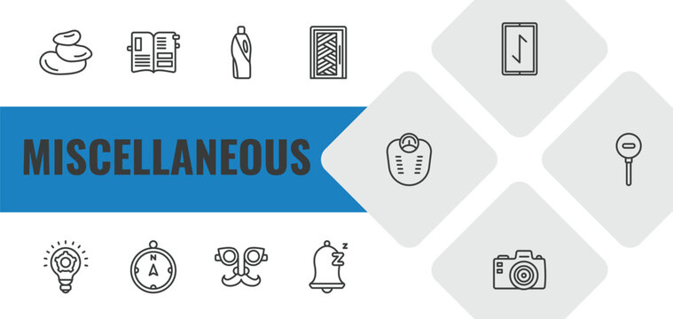 miscellaneous outline icon set. linear vector for ui, web and mobile. thin line pebble, scrapbook, detergen icons.