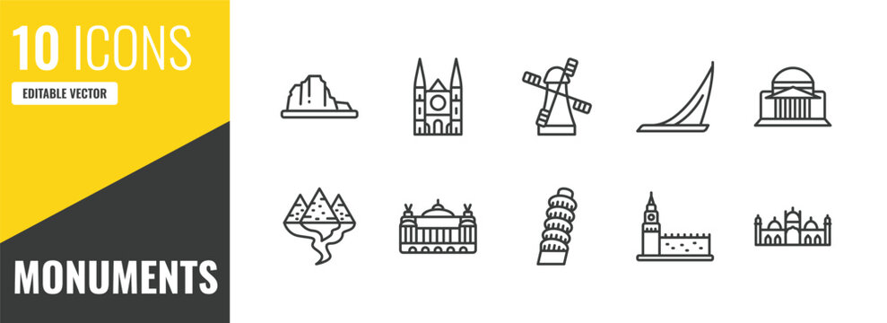 monuments outline icon set. 10 linear vector for ui, web and mobile. thin line canyon, chartres cathedral, kinderdijk windmills icons.