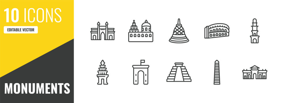 monuments outline icon set. 10 linear vector for ui, web and mobile. thin line gat of india, blue domed churches, borobudur icons.