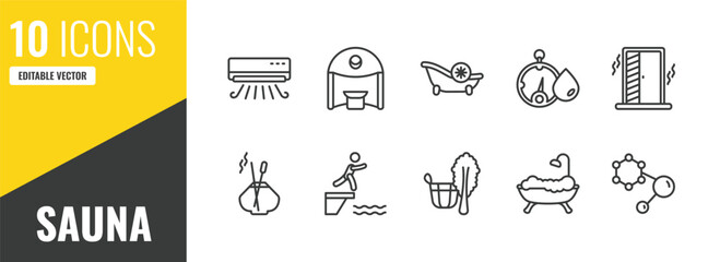 sauna outline icon set. 10 linear vector for ui, web and mobile. thin line air cooling, caldarium, snow paradise icons. © Farahim