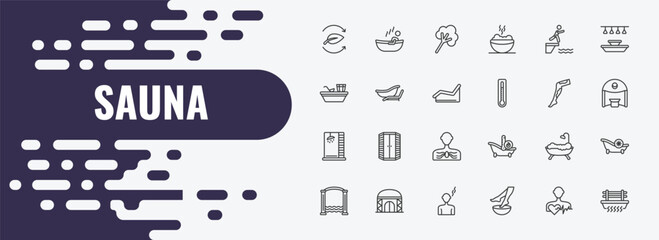 sauna outline icon set. linear vector for ui, web and mobile. thin line 2steam bath, steam jet, adrenalin rush icons. © Farahim