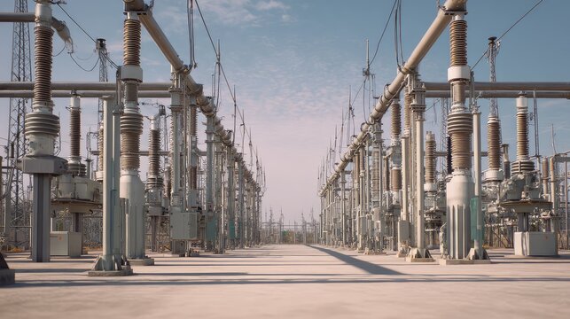 High voltage outdoor power substation transmitting electricity