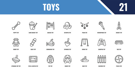 toys outline icon set. linear vector for ui, web and mobile. thin line sand bucket toy, rocket toy, swing toy icons. © Farahim
