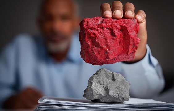 A man's hand carefully holds a vibrant red basalt stone above a rough gray lunar simulant rock, resting on a stack of papers