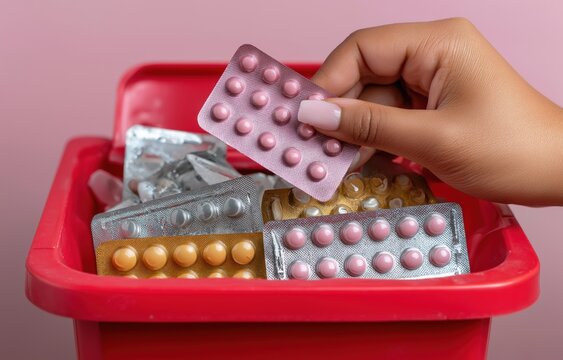 With precise motion, a female hand discards various pink and orange pill blister packs into a vivid red disposal container