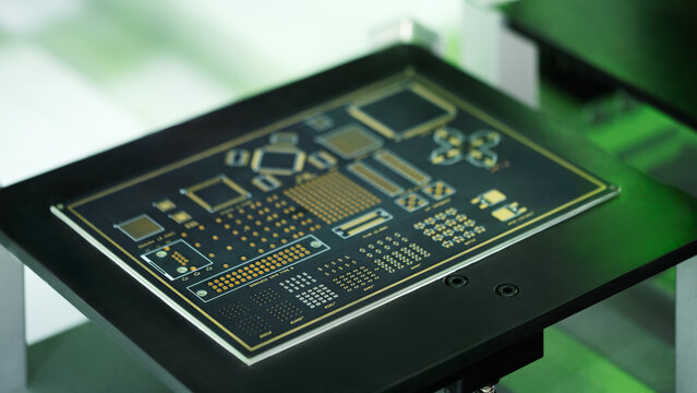 Electronic printed circuit board with multiple capacitors, microprocessor chips, ports and other electronic components on a production bench for manufacturing and diagnostics