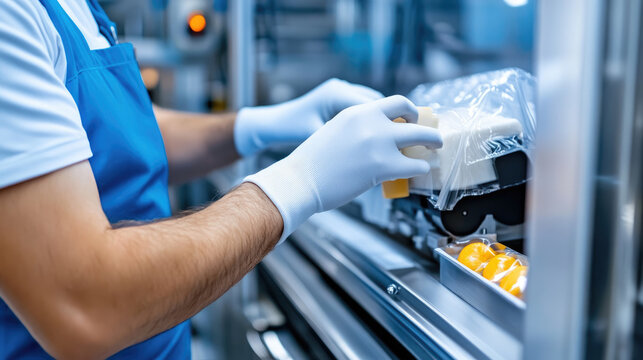 Worker wearing gloves and apron handling and checking fresh food products on a packaging line, ensuring quality control and safe production for consumers