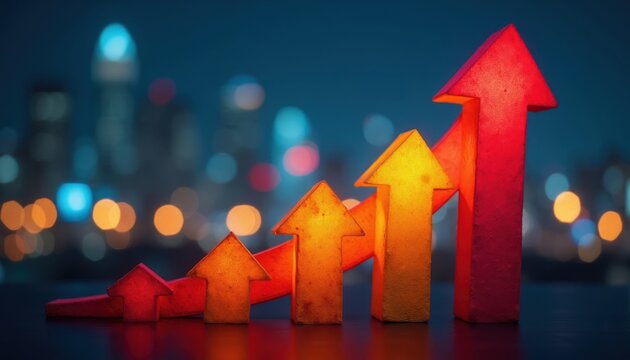 Glowing arrows point upwards forming a graph against blurred city night lights. Visual represents business growth success development and economic progress.