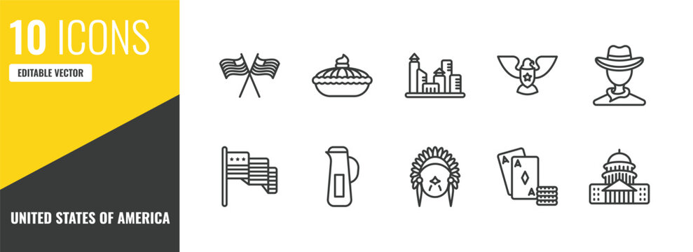 united states of america outline icon set. 10 linear vector for ui, web and mobile. thin line independence day, pumpkin pie, albuquerque icons.