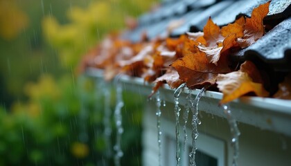 Naklejka premium Autumn leaves clog rain gutter. Water overflows damaged roof drain pipe. Home exterior needs cleaning and repair. Rain falls on wet house structure.