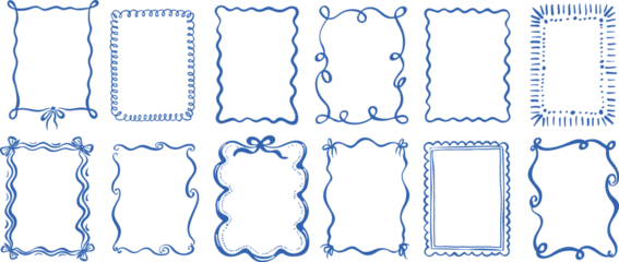 Collection of hand drawn blue doodle frames on a white background © Viktoriia Protsak