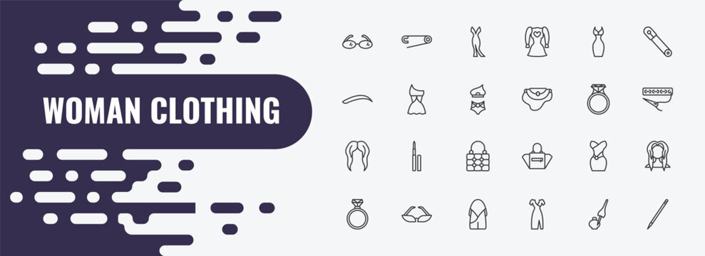 woman clothing outline icon set. linear vector for ui, web and mobile. thin line perdible pin, female long black dress, feminine fashion icons.