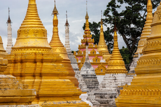 Forest of golden and white stupas at Shwe Indein Pagoda complex, Myanmar
