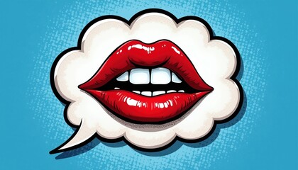 Obraz premium Bold pop art illustration shows open red lips inside white comic speech bubble on blue halftone background. Bright retro graphic art style communicates message loudly.