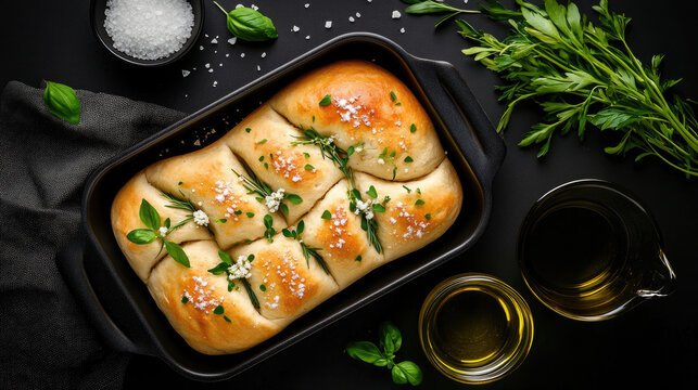 Focaccia bread baking in a sheet pan decorated with edible white flowers, green herbs, and sea salt flakes, presenting a beautiful culinary art creation for gourmet homemade food