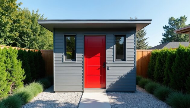 Modern gray backyard structure with vibrant red door. Small accessory dwelling unit or garden office. Minimalist design, sleek exterior, green landscaping surrounds.