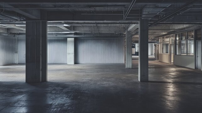 Empty industrial building interior featuring a concrete floor, structural columns, and exposed piping, creating a sense of vast, abandoned space perfect for renovation or development themes