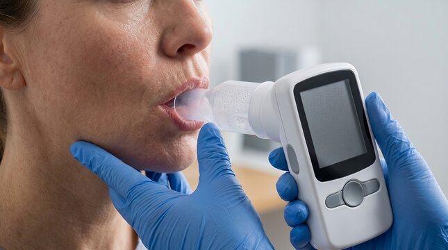 Photorealistic macro clinical spirometry test with gloved hands and patient breathing into device H