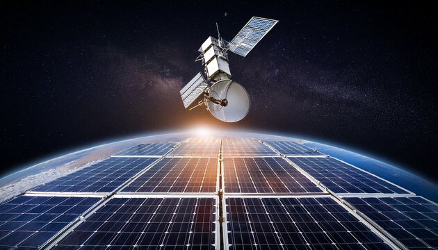 satellite communication technology in space features reflective solar panels against dark gradient background satellite view shows antenna array complex hardware and advanced computing systems