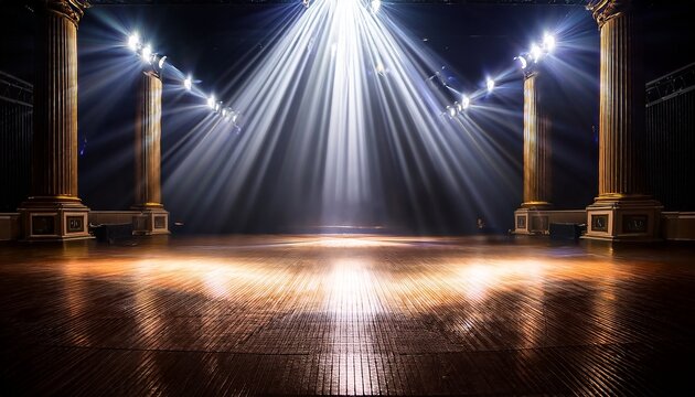 stage illuminated by bright spotlights casting a dramatic glow on the empty space the spotlights create a focal point in the center with beams of light spreading outwards the background is dark
